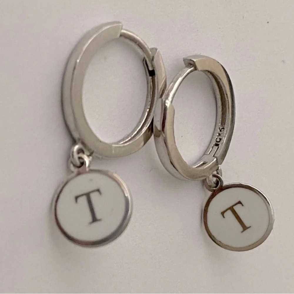 925 Silver T earrings enamel hoop earrings handmade